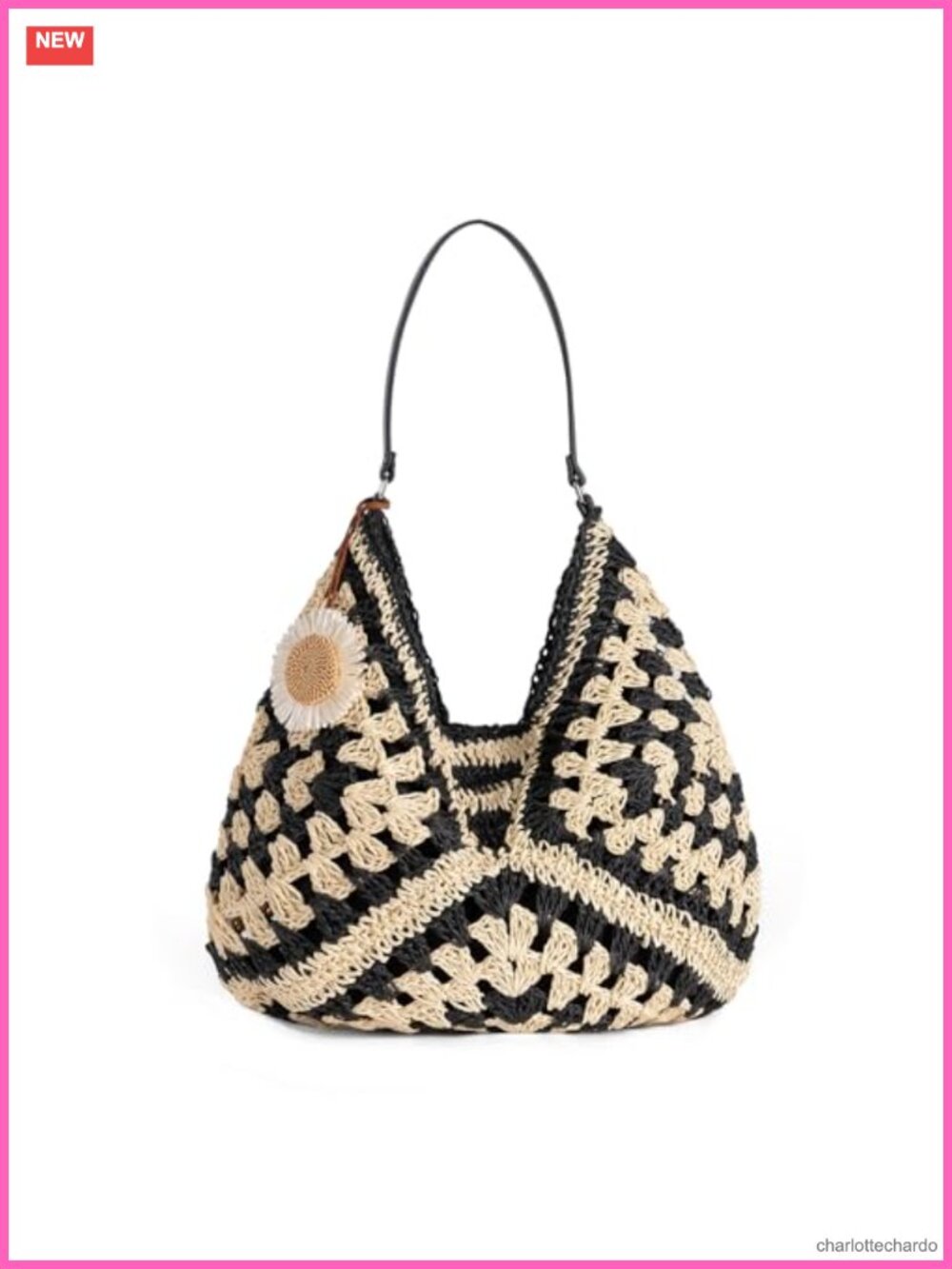 Vintage Straw Beach Tote with Sunflower Charm, PU Leather Straps